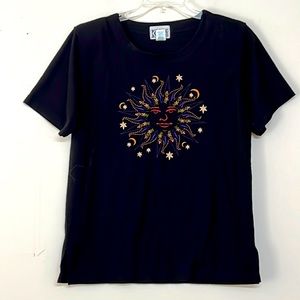 🌞 Kavio Designs black short sleeve shoulder pads sun in purple & gold women S